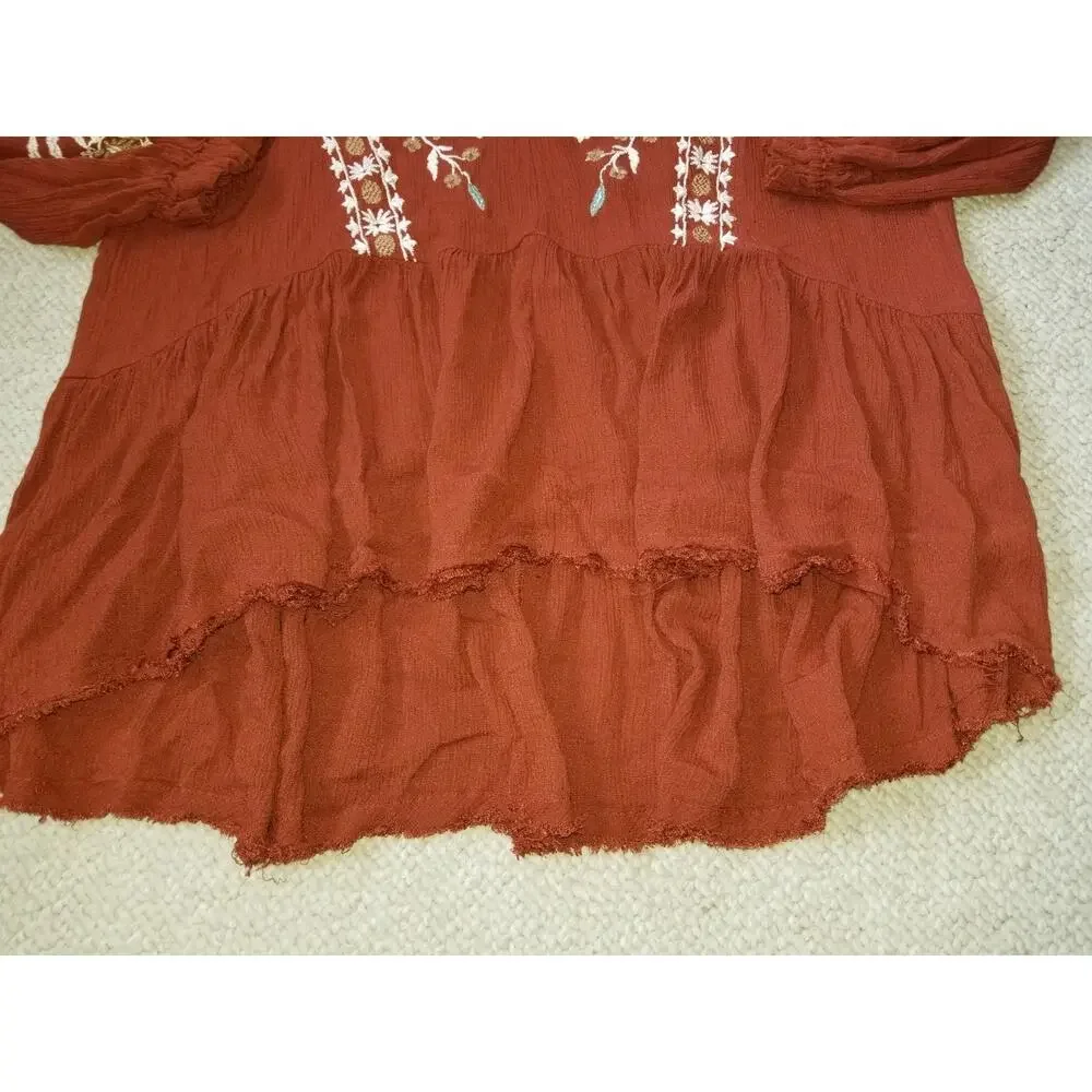 Womens Top-FREE PEOPLE-'Rust' rayon 'Wild Dreams Embroidered Tunic' boho-S
